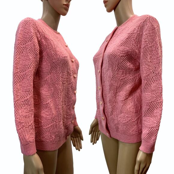 70s Granny Cardigan Pink/Salmon Open Knit Floral Sweater | S - Picture 7 of 12